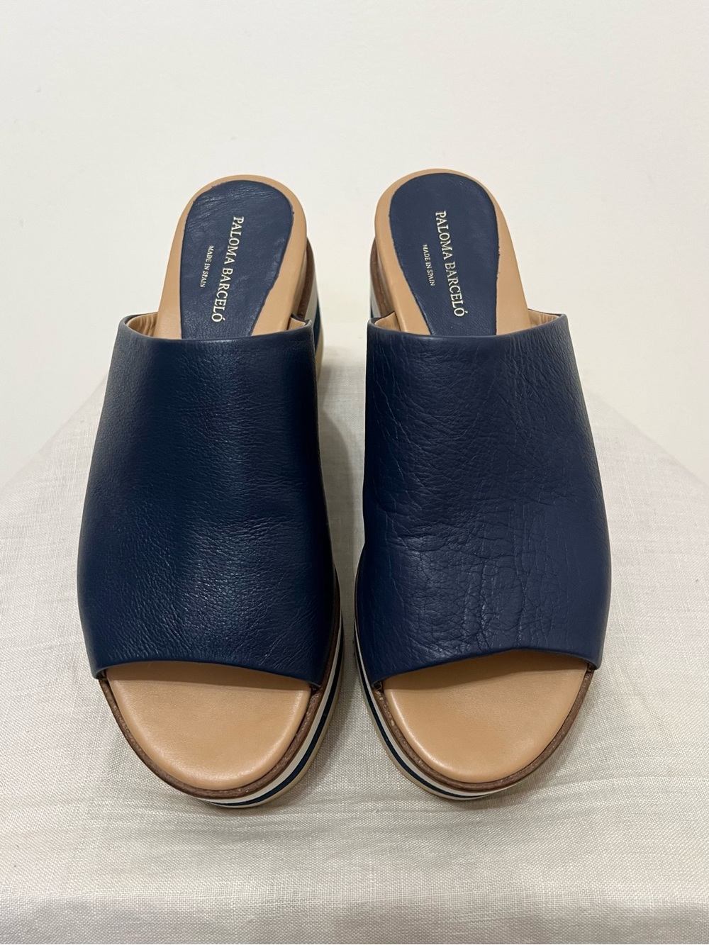 Paloma Barcelo Navy and Tan Striped Platform Slide Sandals - Picture 3 of 12